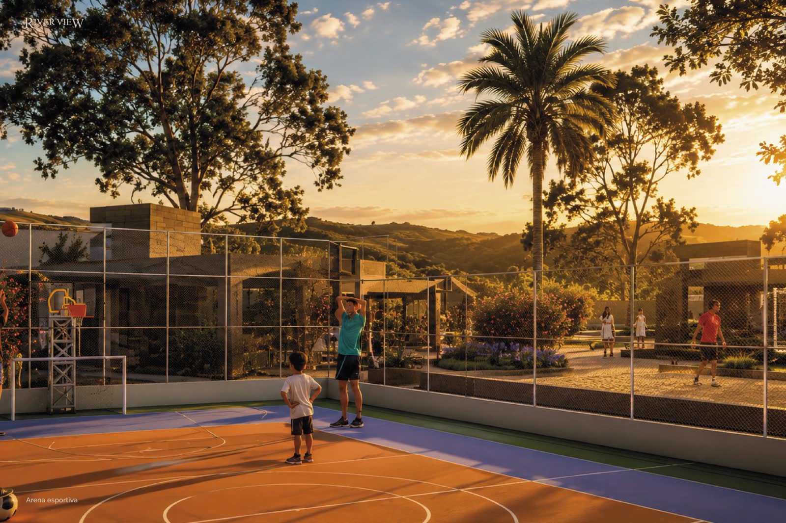 Arena esportiva com quadras poliesportivas e beach tênis