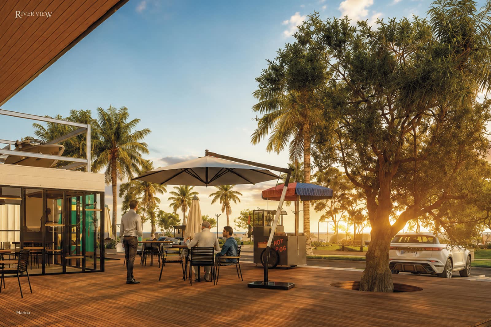 Marina com deck de madeira e restaurante ao ar livre