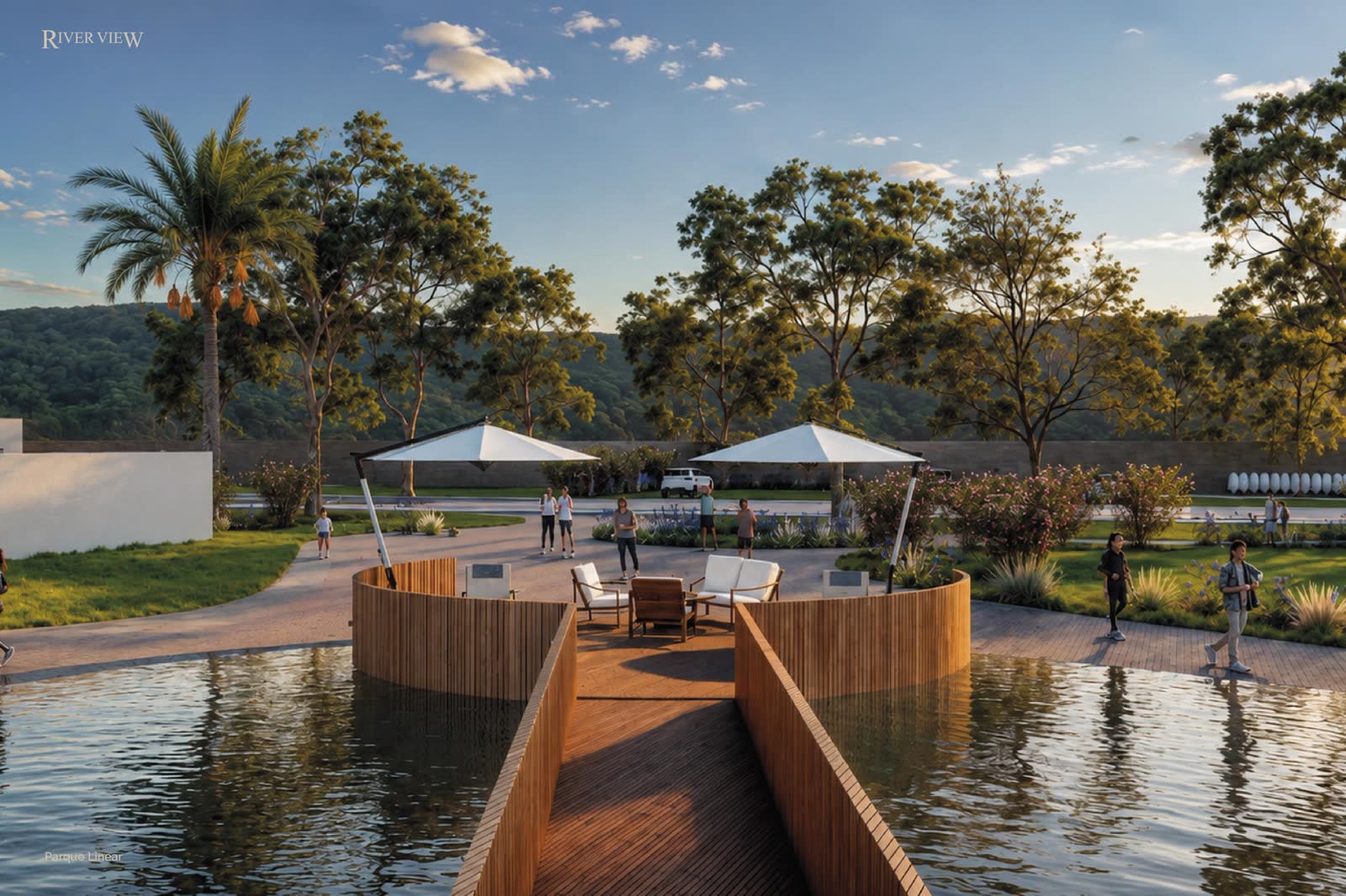 Parque Linear com deck circular e caminhada