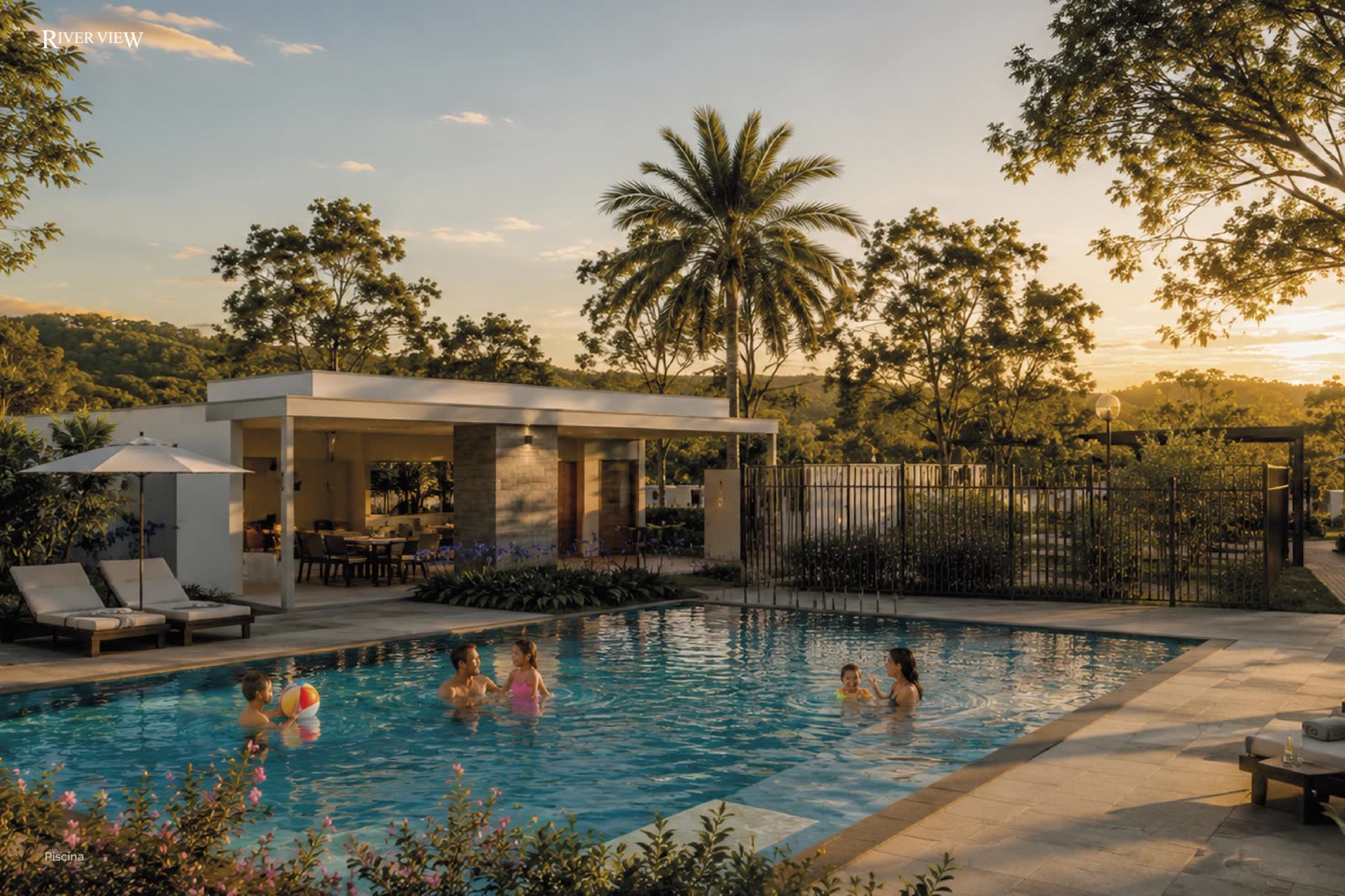 Piscina no espaço convivência ao entardecer